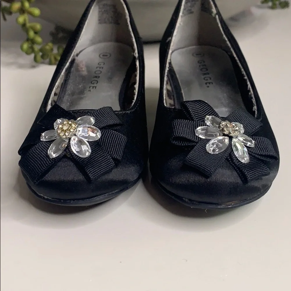 Satin Black Crystal Flower kitten heel girl party holiday shoes toddler 8